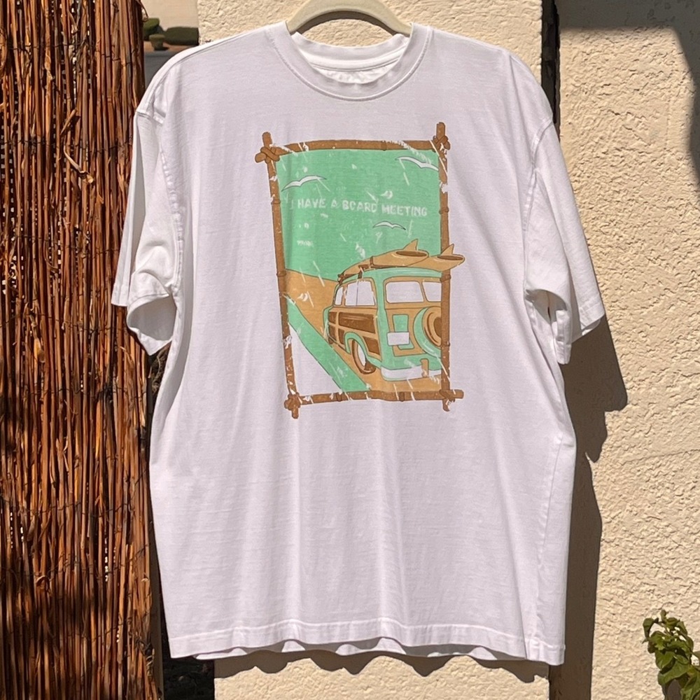 Mens Large 100% Cotton Retro Surf Woody Wagon Graphic T Shirt Beach Coastal